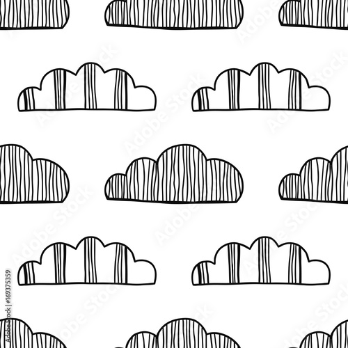 Decorative clouds. Black and white illustration, seamless pattern for coloring book, pages. Vector