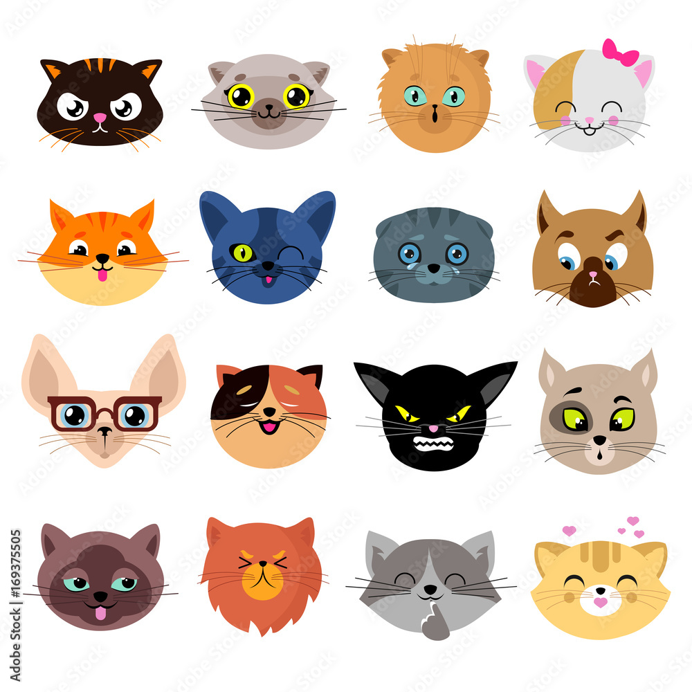 Heads of cute cat characters with different emotions vector set