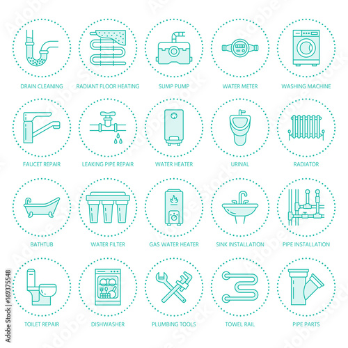 Plumbing service vector flat line icons. House bathroom equipment, faucet, toilet, pipeline, washing machine, dishwasher. Plumber repair illustration, thin linear signs for handyman services.