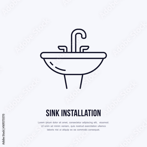 Sink, toilet flat line icon. Ceramic washbowl with faucet sign. Vector illustration of house equipment store or plumbing service.
