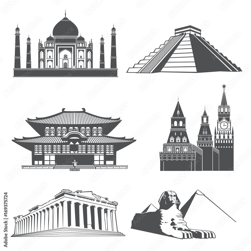 Travel silhouette landmarks with famous world monuments vector set