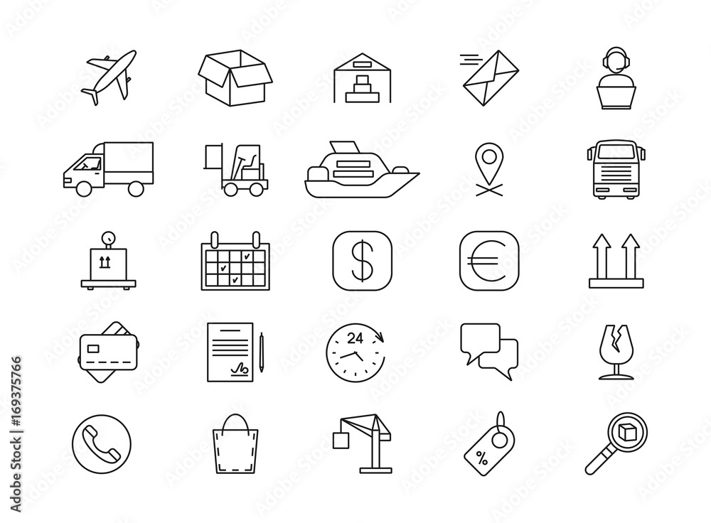 Import and export logistics, shipping and goods delivery, cargo line icons