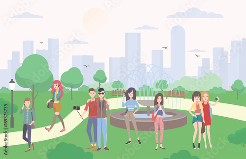 Young people with gadgets in the park. Guys and girls communicating by smartphone and mobile devices, make selfie. Colorful flat illustration.