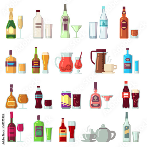 Alcoholic and soft drinks. Beverages in glass and bottles flat vector icons