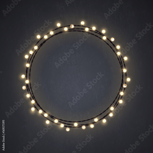 Warm colored Christmas incandescent light string wreath on the dark grey background. Vector outdoor patio lights.