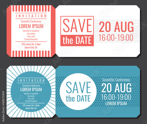 Save the date minimalist invitation ticket vector design. Wedding cards modern template