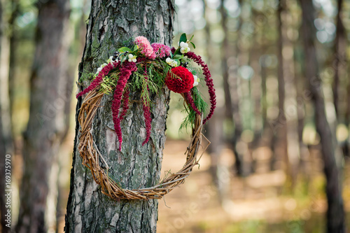 Fototapeta Naklejka Na Ścianę i Meble -  Wreath from a rod with autumn flowers hanging on a tree in the wood. Paints of fall in the coniferous wood.