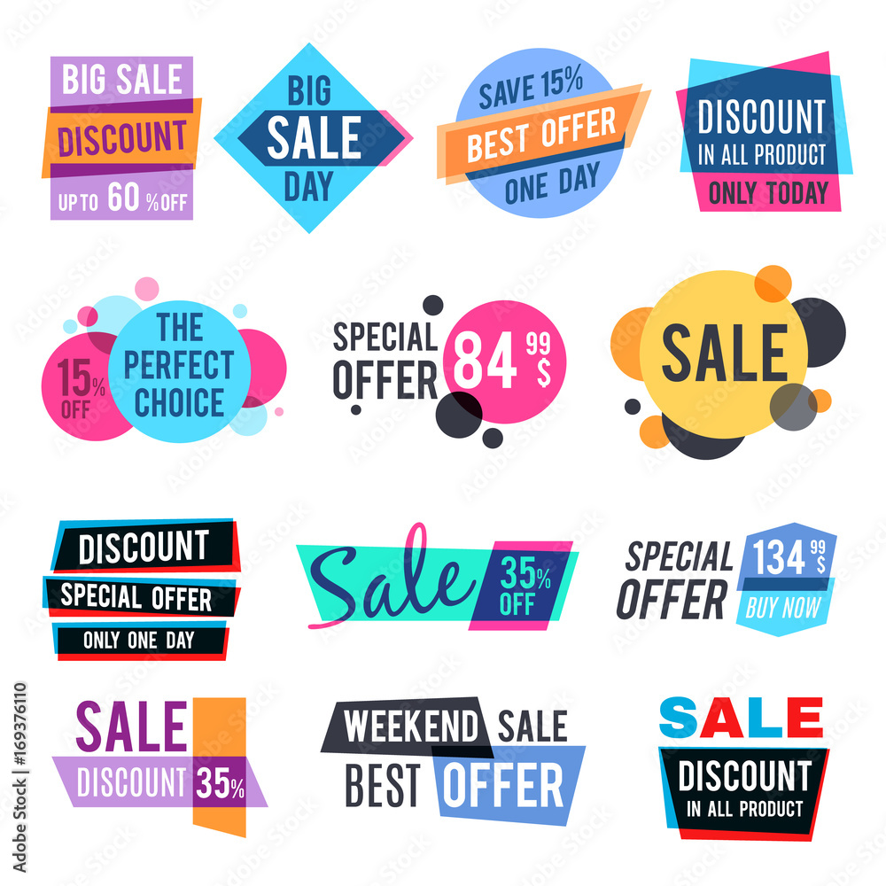 Fashion design pricing tags and discount labels vector templates with color multiply effect