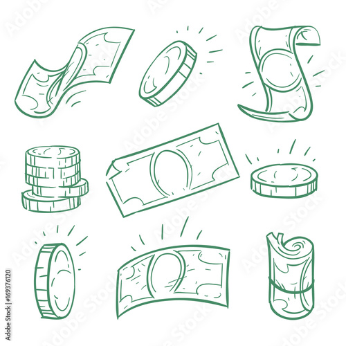 Hand drawn money. Doodle dollar banknotes and coins vector set
