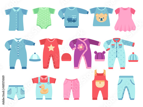 Boy and girl baby garments. Infant vector clothes