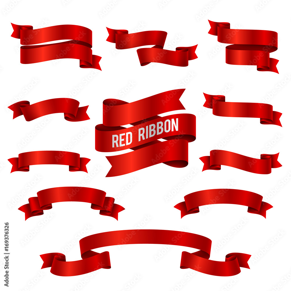 Silk red 3d ribbon banners vector set isolated