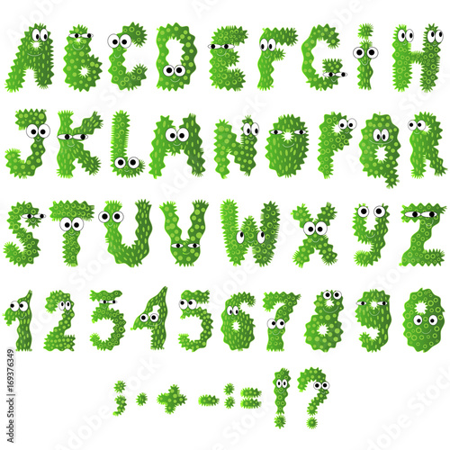 Cartoon flat monsters alphabet icons. Green bacteria and microbes
