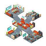Corporate professional 3d office. Isometric business center floors interior vector illustration