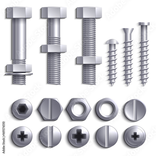 Metal screws, steel bolts, nuts, nails and rivets isolated on white vector set