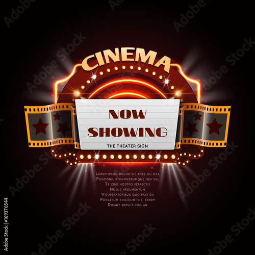 Vintage cinema sign. Glowing movie signboard with lightbulb frame vector illustration