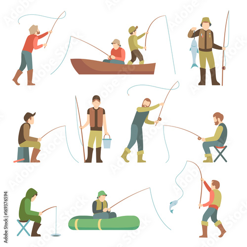 Fisherman flat icons. Fishing people with fish and equipment vector set