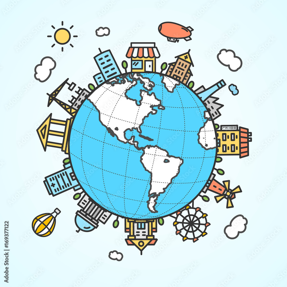 Naklejka premium Globe and Building Around. Vector