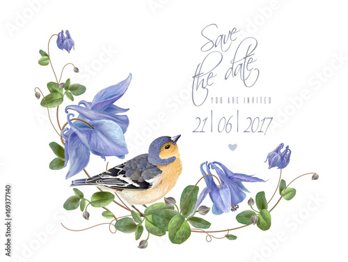 Blue flower bird save the date