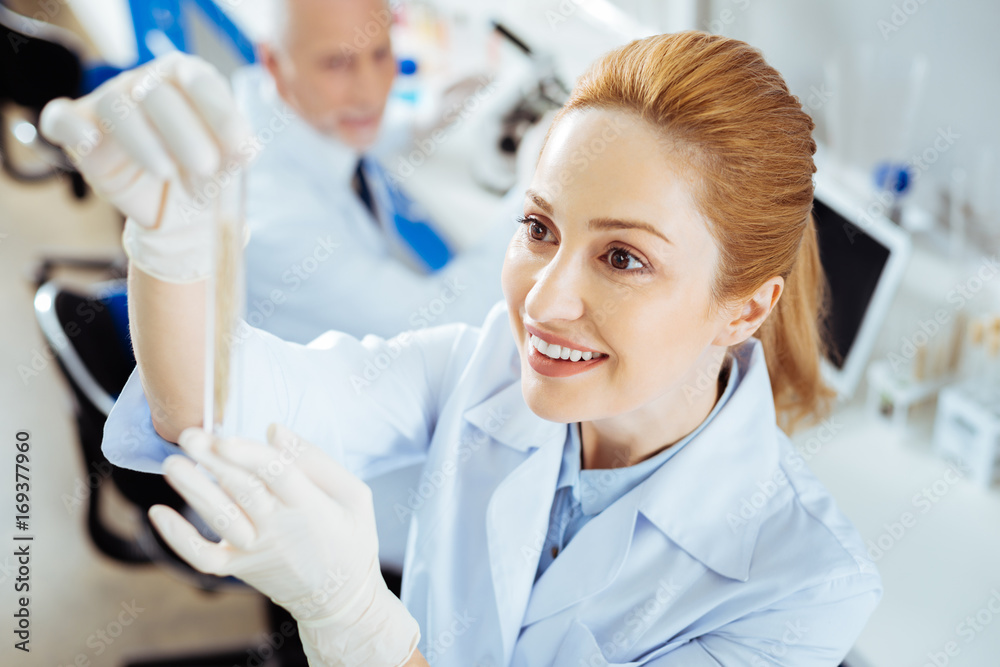 Joyful woman feeling happiness at work