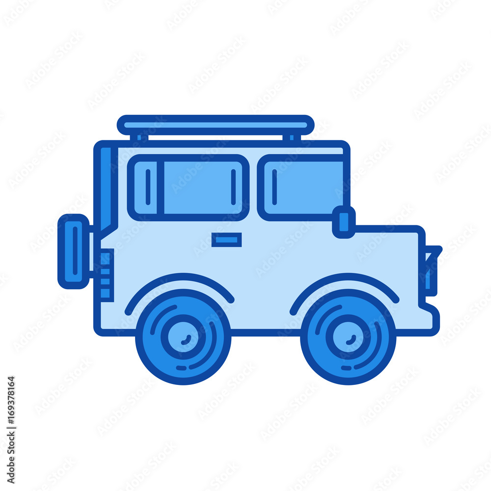 Off-road car vector line icon isolated on white background. Off-road car line icon for infographic, website or app. Blue icon designed on a grid system.