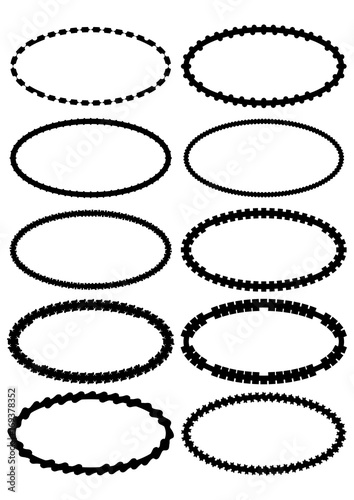 Set of oval label borders, simply shapes in monochrome design, black grunge drawing on white background