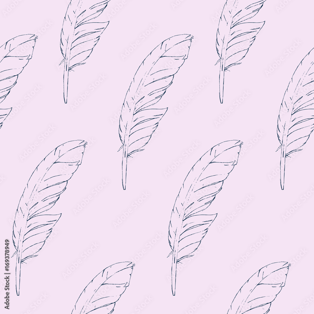 Fototapeta premium Seamless pattern blue hand-drawn feathers on a bright background. Vector
