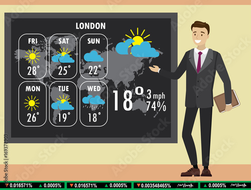 Man on TV tells a weather forecast,