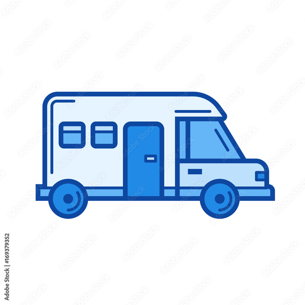 Motorhome vector line icon isolated on white background. Motorhome line icon for infographic, website or app. Blue icon designed on a grid system.