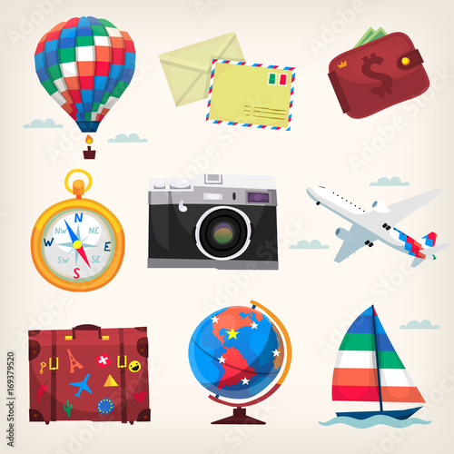 Set of colorful travel items