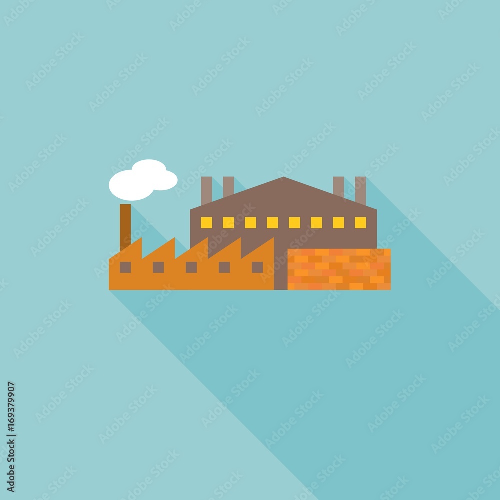 Factory and wall of brick, industrial icon flat design with long shadow