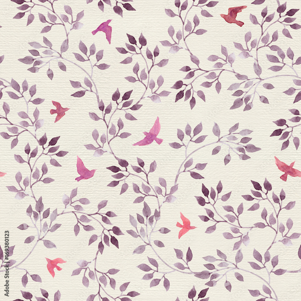 Seamless retro wallpaper with cute birds and ditsy hand painted leaves. Vintage watercolor