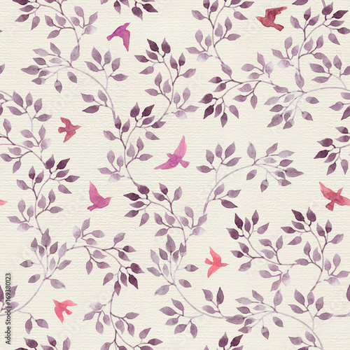 Seamless retro wallpaper with cute birds and ditsy hand painted leaves. Vintage watercolor