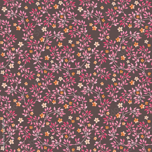 Seamless vintage pattern - hand painted small leaves and tiny flowers. Watercolour pink design on dark brown background