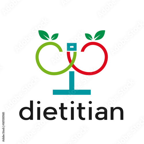 Vector sign diet, dietitian. weight scale with apples