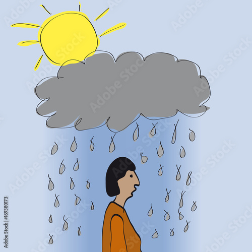 Sad cartoon character under the rainy cloud. Bad and depressed man