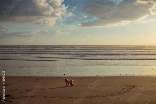 Baby crawling along pacific ocean coast line