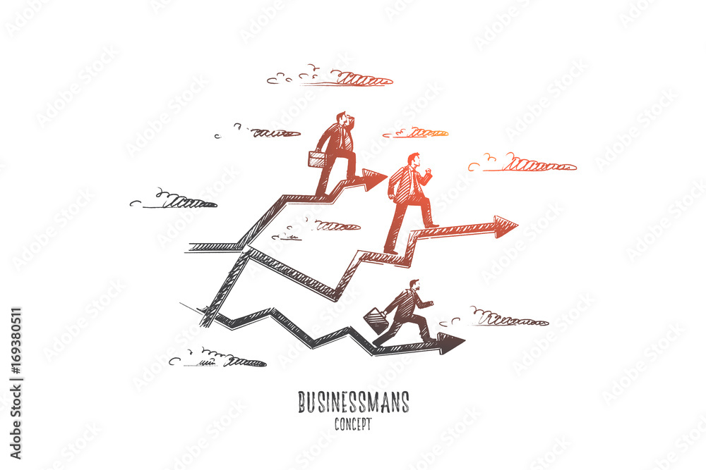 Naklejka premium Businessmen concept. Hand drawn single-minded people moving ahead to goals. Success businessmen isolated vector illustration.