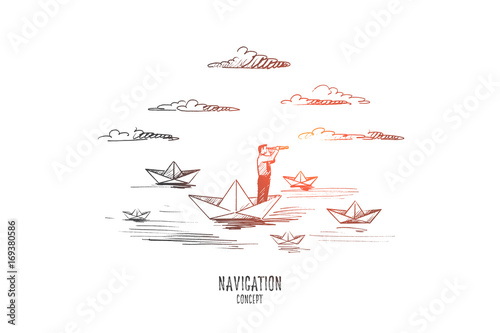 Navigation concept. Hand drawn sailor man looks into the telescope. Navigating in sea isolated vector illustration.
