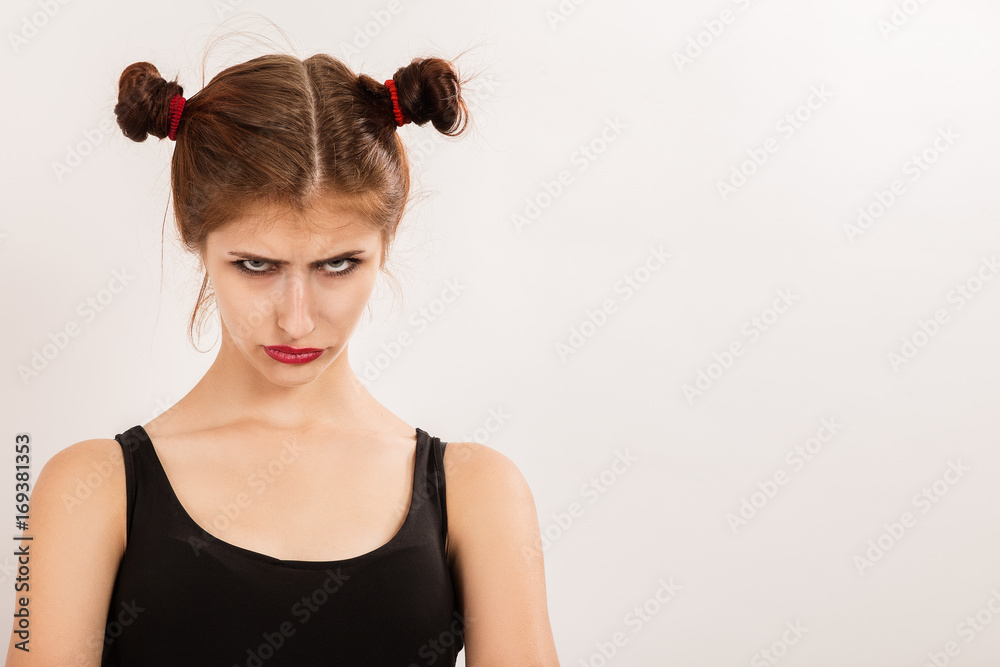 sad serious female portrait on white background with copy space sad serious female portrait on white background with copy space