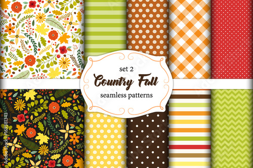 Set of 12 cute seamless Country Fall patterns with primitive flowers, polka dots, stripes, chevron and plaid