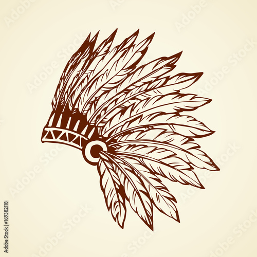 Native American with feathers. Vector drawing
