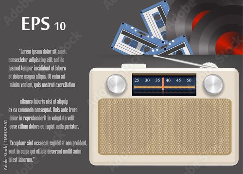 retro radio, cassettes, shellac disc on grey background