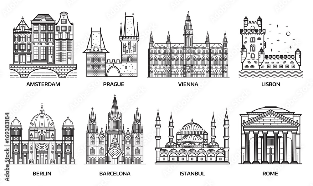 European monuments and landmarks. Europe travel destinations with famous buildings and tourist attractions in line art design. Top cities including Barcelona, Vienna, Istanbul, Berlin, Rome and more. 