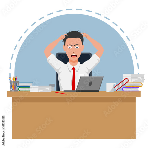 Failed and stressed businessman is tired to work on the computer. vector illustration