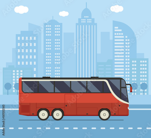 Public transport illustration with red city bus driving on downtown road. Vector concept background or banner. © krugli