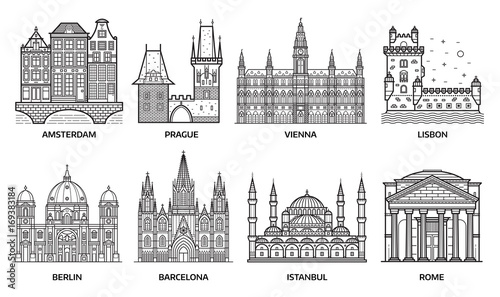 European monuments and landmarks. Europe travel destinations with famous buildings and tourist attractions in line art design. Top cities including Barcelona, Vienna, Istanbul, Berlin, Rome and more. 