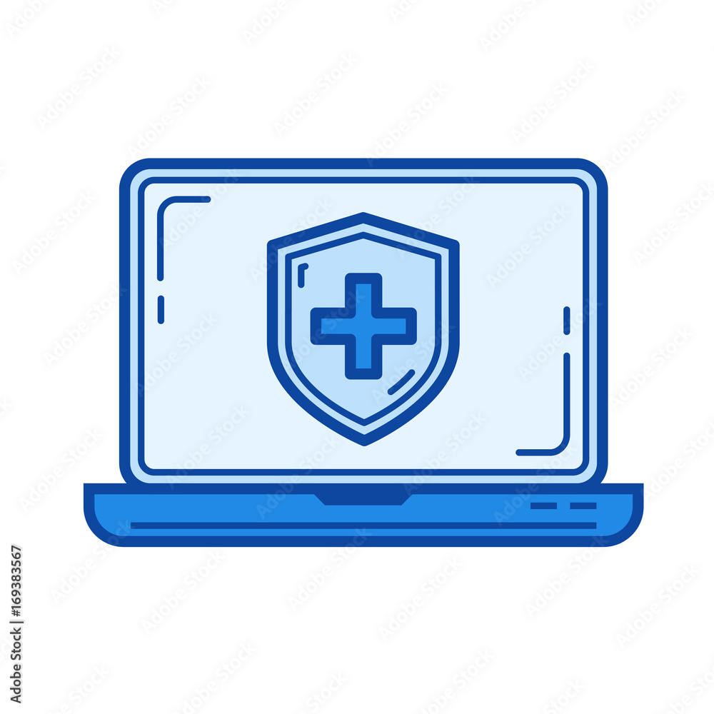 Fototapeta premium Antivirus vector line icon isolated on white background. Antivirus line icon for infographic, website or app. Blue icon designed on a grid system.