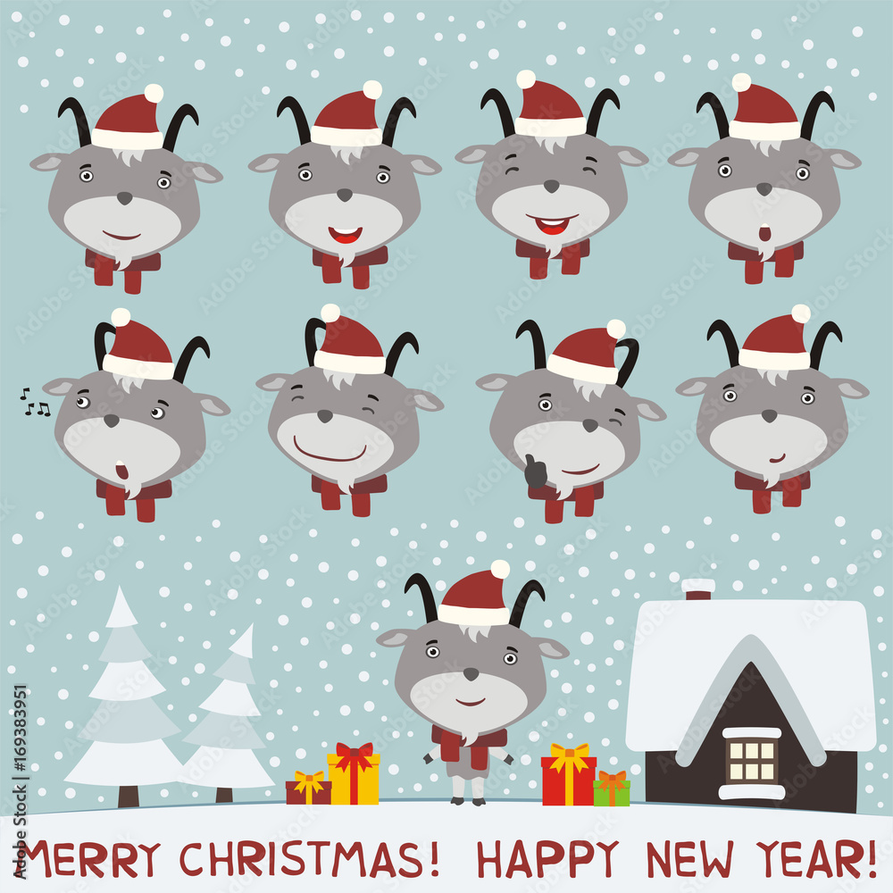 Merry christmas and Happy new year! Set face goat for christmas and new year design. Collection isolated heads of goat in cartoon style.