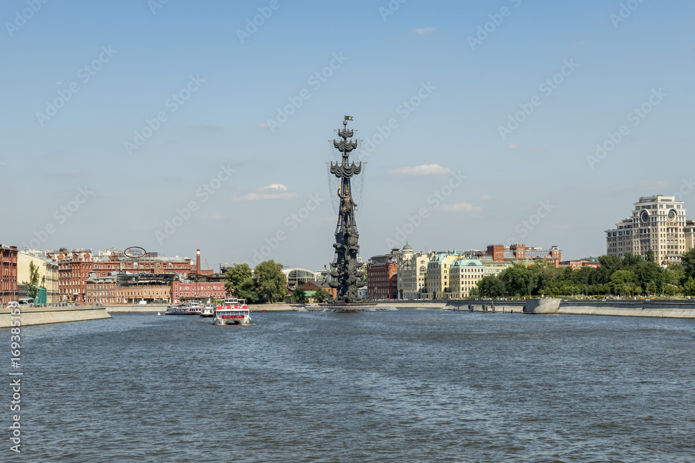 View of Embankment of Moscow river and floating passenger boats