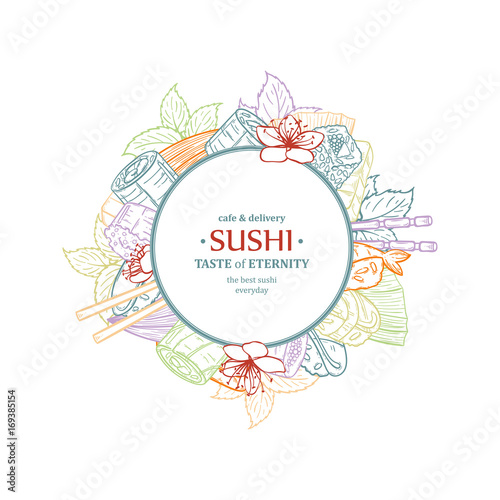 Doodle sushi restaurant and delivery design template. Asian food composition.